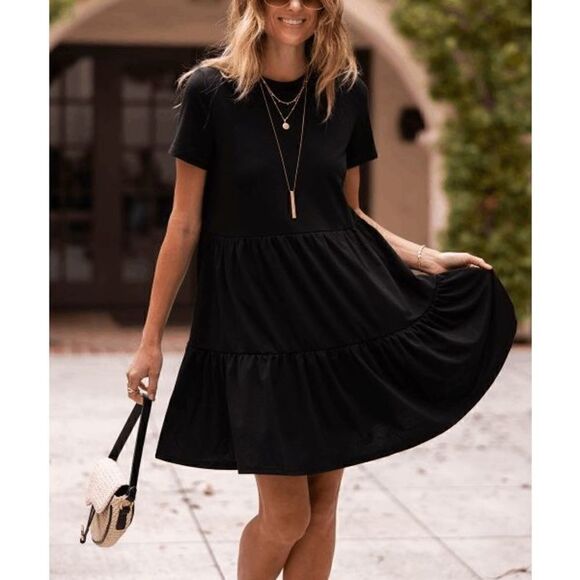 Amaryllis Dresses & Skirts - Amaryllis Apparel Women's Short Sleeve Tiered T-Shirt Dress Cotton Blend Black 2